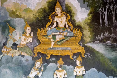 Fresko, das eine Szene aus dem Leben Buddhas in Wat Phra Doi Suthep, Chiang Mai, Thailand darstellt